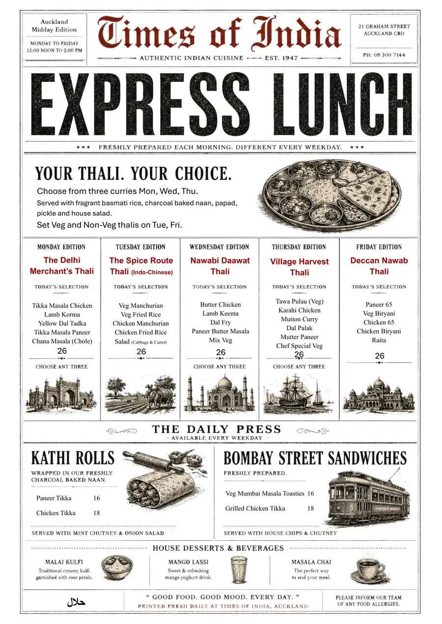 Times of India Express Lunch menu with weekday thalis, kati rolls and Bombay street sandwiches